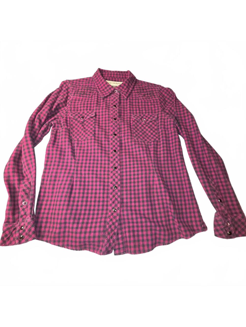 Bit & Bridle Women's Pink and Black Checkered Button-Up Shirt Medium